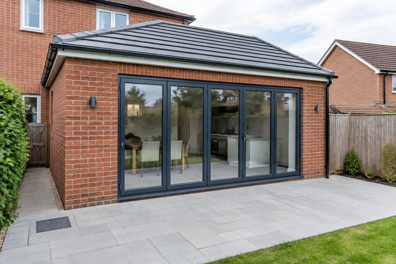 Completed single storey brick extension with new patio
