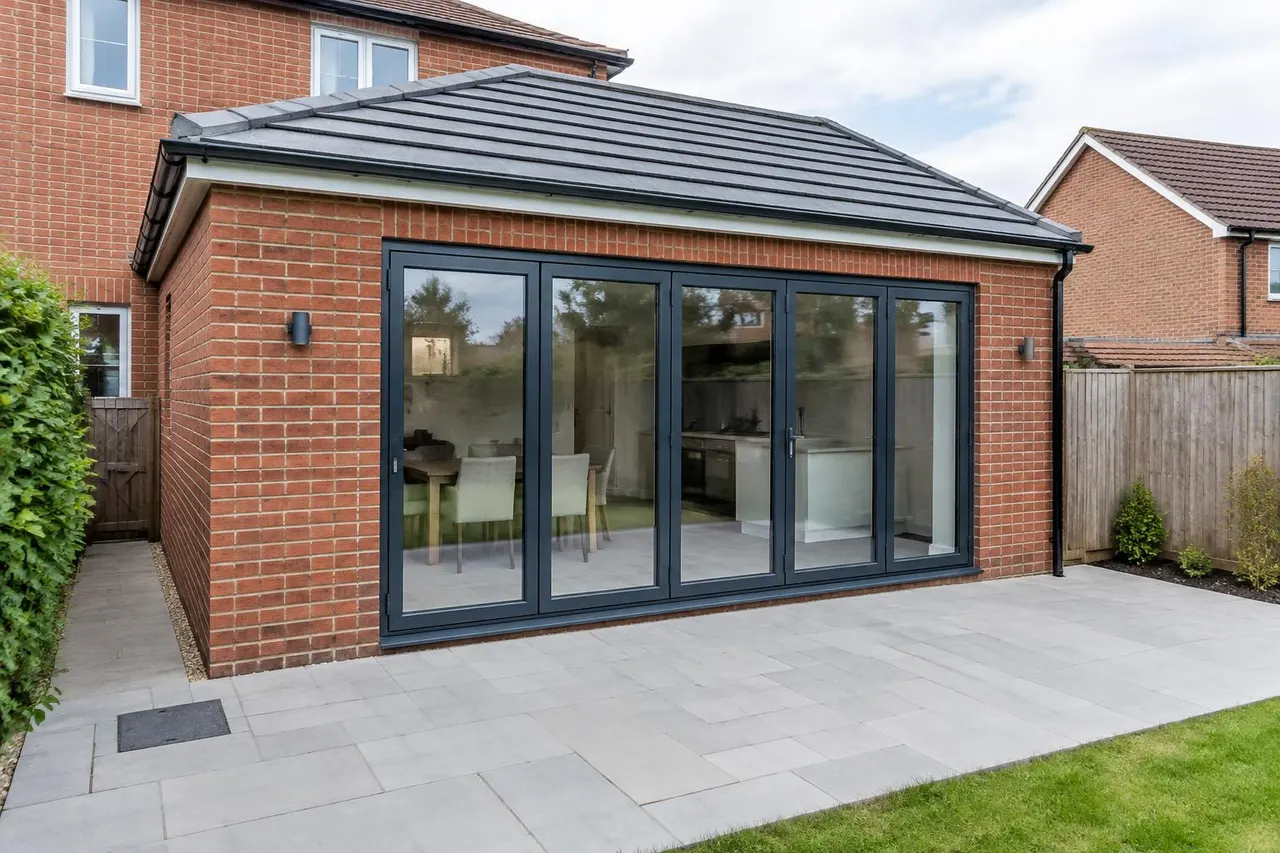 Residential brick exterior beside a paved patio