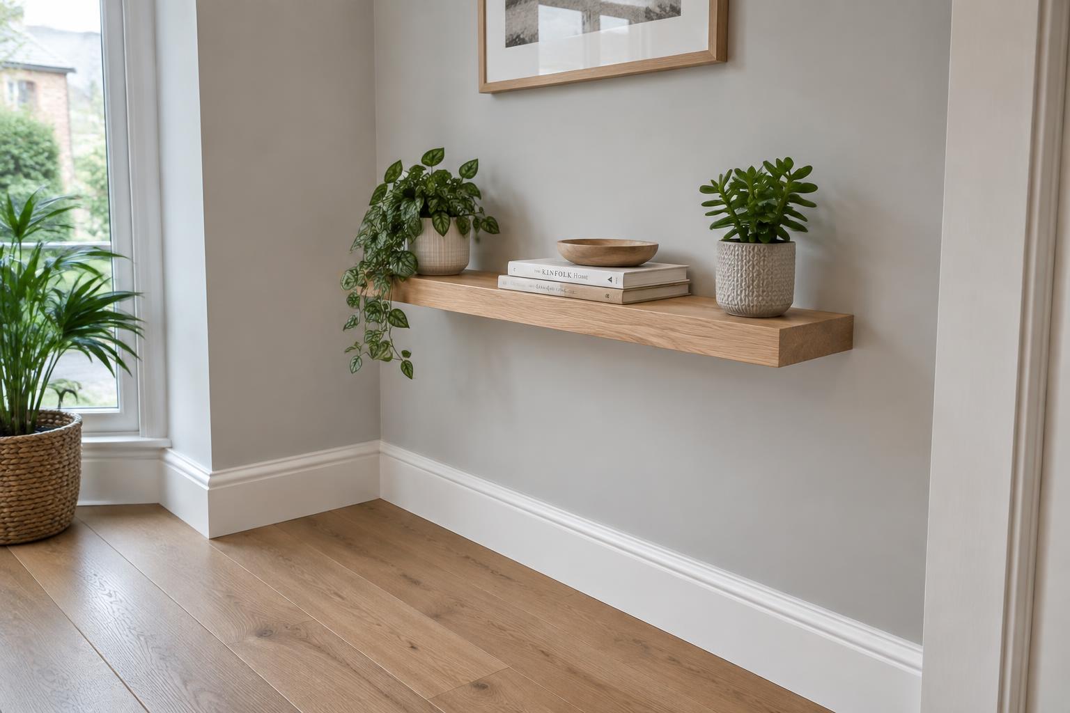 Neatly fitted oak floating shelf on a freshly painted wall