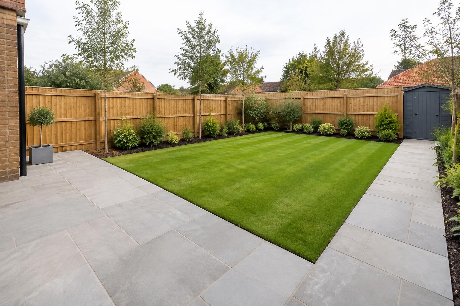 Landscaped garden with lawn and paving