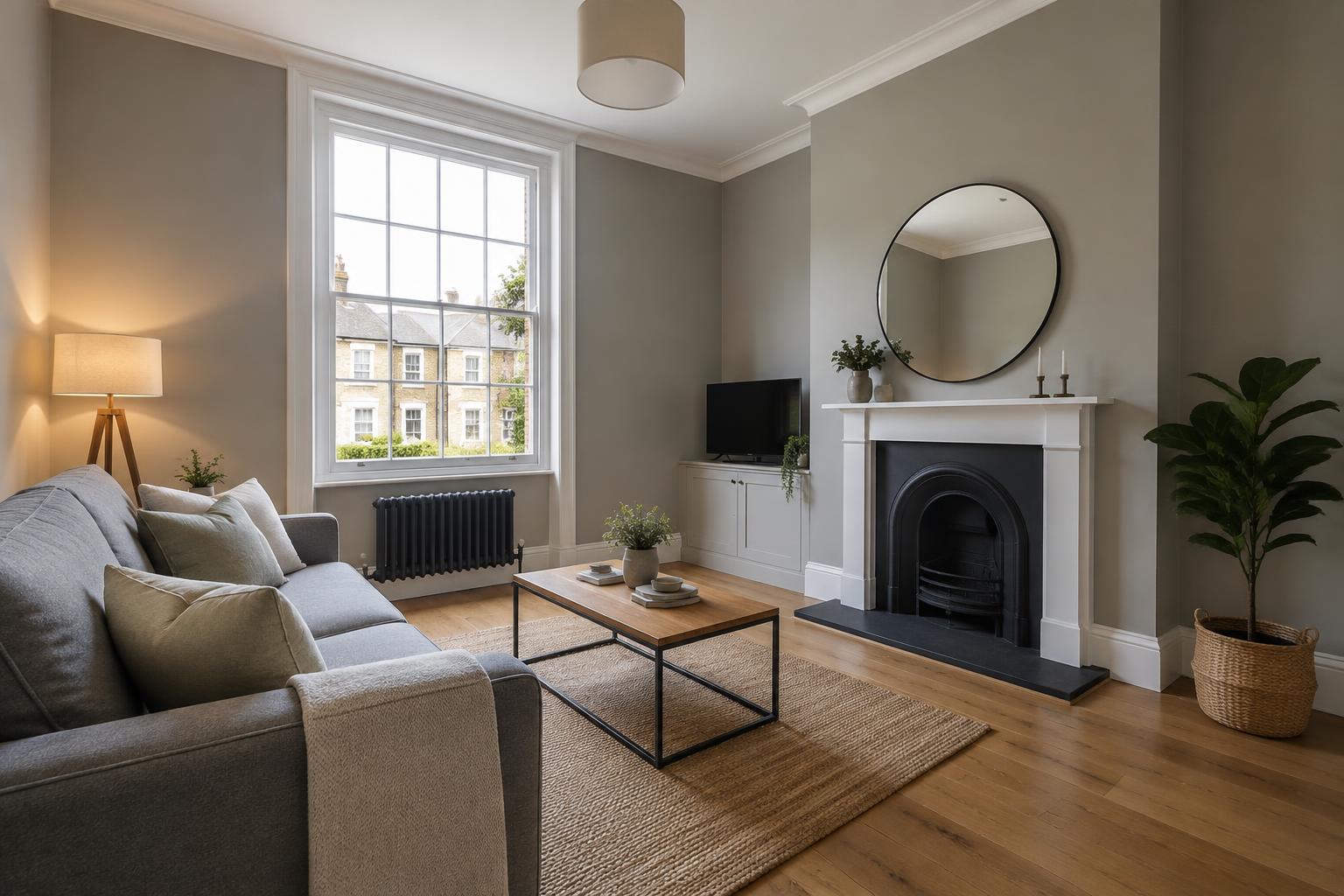 Completed room renovation with smooth walls, new flooring and fresh woodwork