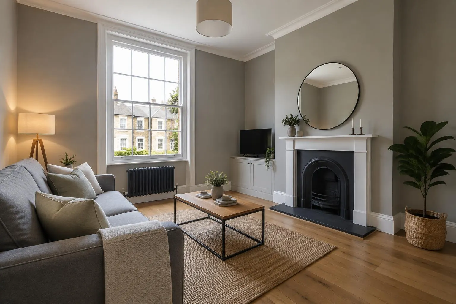Completed room renovation with smooth walls, new flooring and fresh woodwork